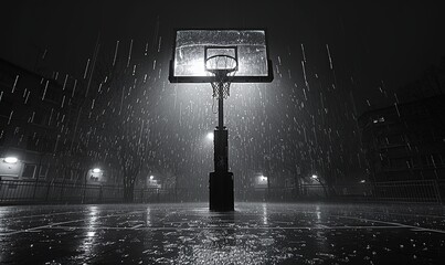Basketball hoop in the rain at night. 