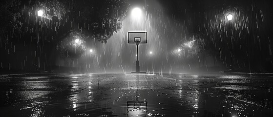 Basketball hoop in the rain at night. 