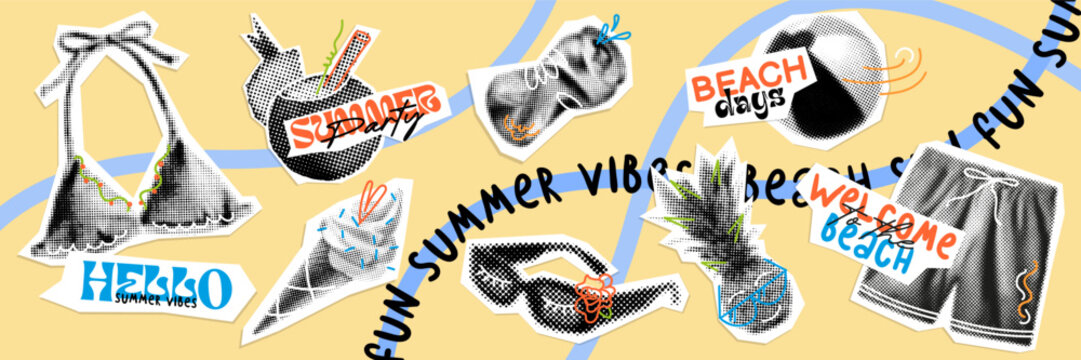 summer halftone collage, set of vintage style beach party icons. fun mood of y2k