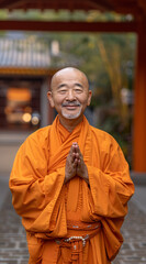 A photo of an Asian monk in orange robes