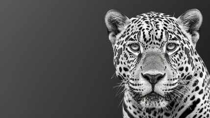   A black-and-white image of a leopard gazing into the camera against a uniformly dark background