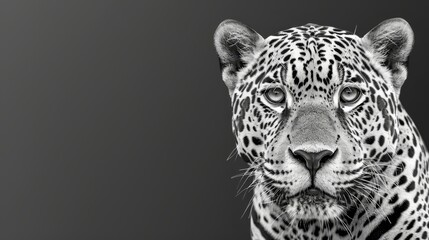 Obraz premium A black-and-white image of a leopard gazing into the camera against a uniformly dark background