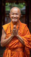 A photo of an Asian monk in orange robes with his hand