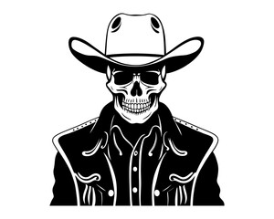 Skull Cowboy Mascot Hand drawn design. skeleton with cowboy hat black and white line art. vintage wild west emblem vector illustration
