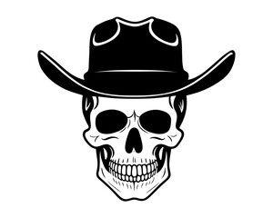 Skull Cowboy Mascot Hand drawn design. skeleton with cowboy hat black and white line art. vintage wild west emblem vector illustration