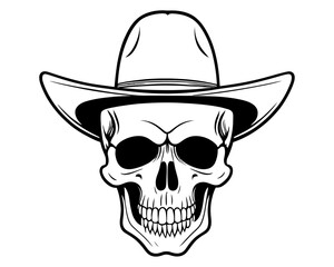 Skull Cowboy Mascot Hand drawn design. skeleton with cowboy hat black and white line art. vintage wild west emblem vector illustration
