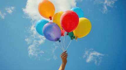 "Childlike Wonder: Grasping Joy with Multicolored Balloons"