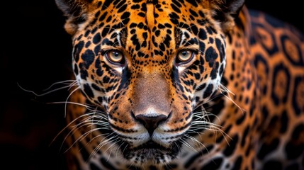 Obraz premium A tight shot of a leopard's visage against a black backdrop, its features softened by a hazy blur