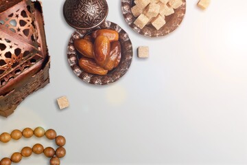 Islamic month, ramadan, quran concept with food