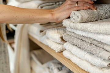 Person reaching for towels on shelf