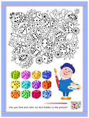Educational page for children. Can you find and color 12 dice hidden in the picture? Coloring book. I spy puzzle. Printable worksheet for kids. Developing counting and drawing skills. Vector image.