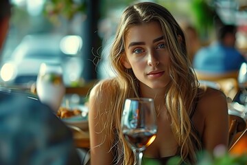 Focus on a Woman Enjoying a Gourmet Lunch with Friends at a Cozy, Rustic Restaurant