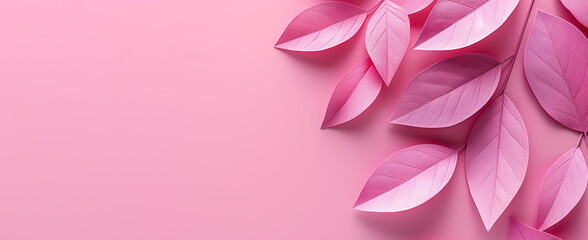 Pink plain background with leaves, copy space