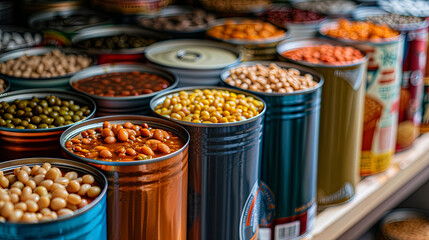 A row of canned beans and other vegetables