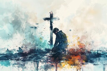 Immerse yourself in a touching digital watercolor painting depicting a man deep in prayer in front of the cross. This illustration captures a scene of reverence and spirituality