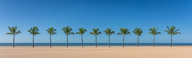 Fototapeta premium A row of palm trees are lined up on a beach