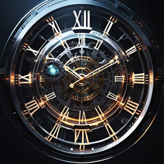 Naklejka premium Abstract dark background on the theme of technology, symbolizing the operation of clocks and global interconnection, background for computer design