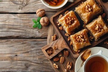 Food spread on wooden table with tea - obrazy, fototapety, plakaty