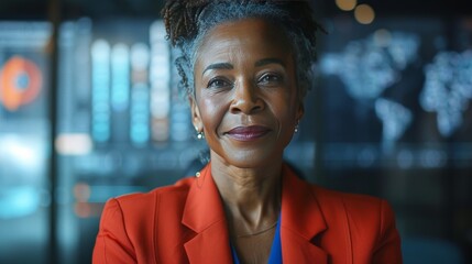 a middle-aged smiling african american female,  red blue suit,a digital financial chart in the background, copy space