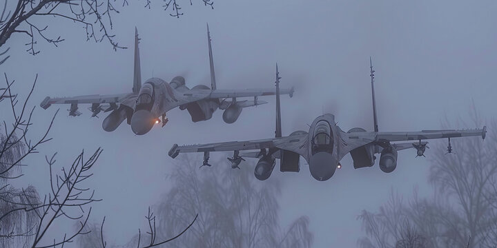 Two fighter jets flying in the sky on a foggy day