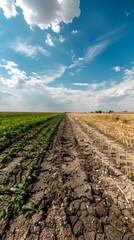 Field of crops withered from drought juxtaposed with a field nourished by irrigation, representing the impact of water management on agriculture.
