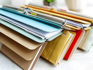 File folders with documents on white table