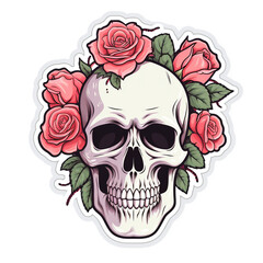 simple skull with roses sticker with white background сreated with Generative Ai