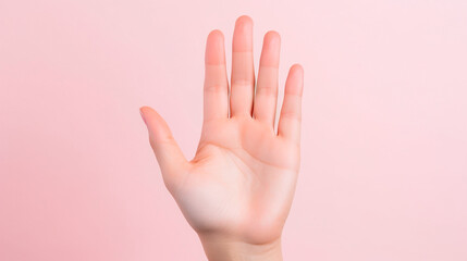 female hand shows stop sign on pink background, stop stop