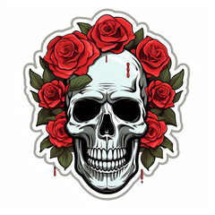 simple skull with roses sticker with white background сreated with Generative Ai
