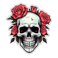 Fototapeta premium simple skull with roses sticker with white background сreated with Generative Ai