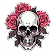 Fototapeta premium simple skull with roses sticker with white background сreated with Generative Ai