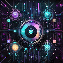 Fototapeta premium Abstract dark technology background symbolizing electronic precision on the top side and global connectivity on the bottom side, background for computer design