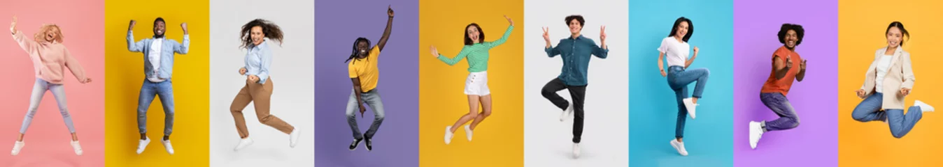 Deurstickers Diverse Group of Joyful People Leaping Against Colorful Backgrounds © Prostock-studio
