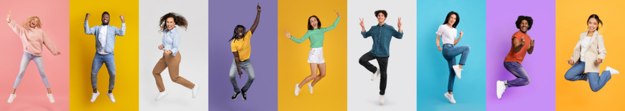 Diverse Group of Joyful People Leaping Against Colorful Backgrounds