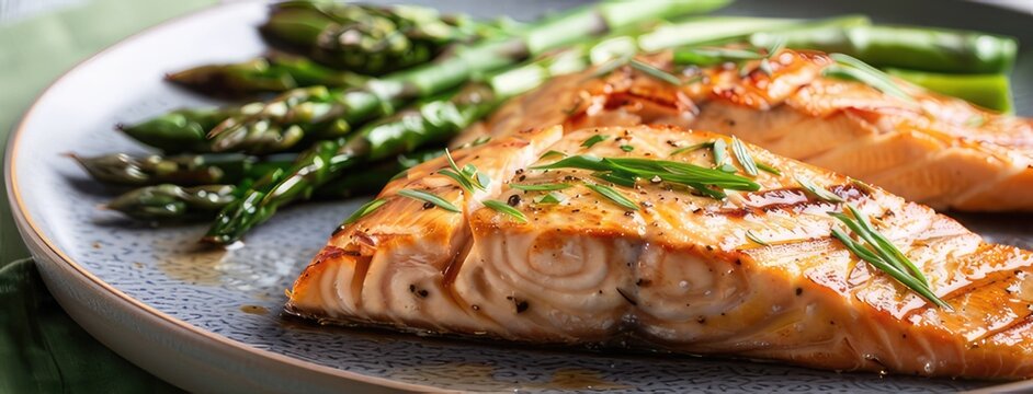a delicious dish featuring tender fish fillets and vibrant asparagus spears elegantly arranged on a plate, bathed in bright natural light for an airy and inviting presentation.