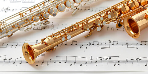A gold and silver flute is on top of sheet music