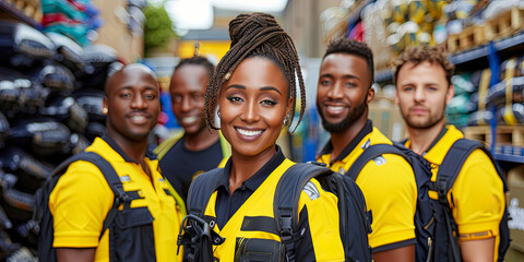 A group of people wearing yellow shirts and backpacks are smiling for the camera