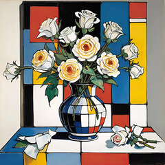 oil painting with a vase and white roses in cubist style, a beautiful painting for decorating a room or office,