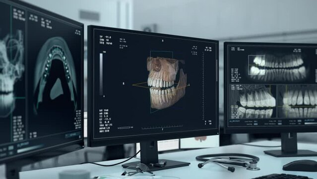 X-ray health examination system used at the stomatology center. Health examination x-ray scanning the oral cavity of a patient with dental problems. Health examination x-ray diagnosing the disease.