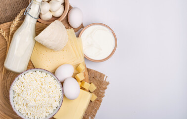 Assortment of fresh dairy products, milk, cottage cheese, cheese, cream cheese, butter, eggs and yogurt on a light background. Banner, horizontal, space for printing.