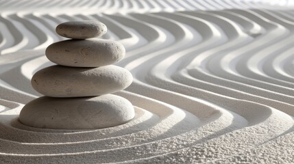   A stack of rocks arranged in a sand garden, their forms contrasting the wavy background design