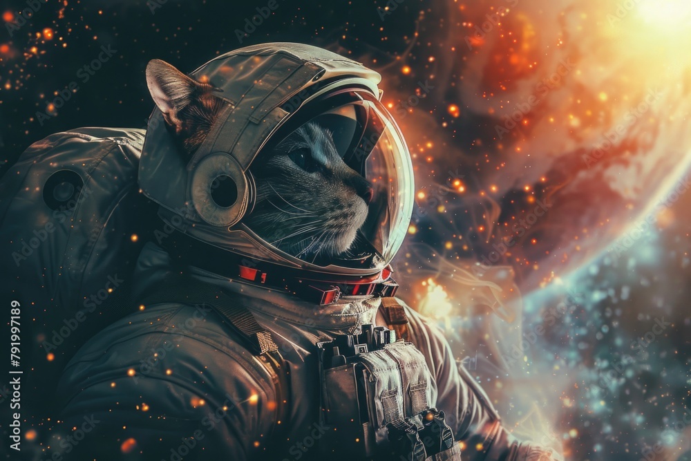 Poster cat in space suit with planet background