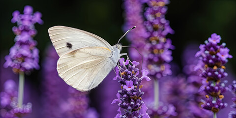 Naklejka premium A white butterfly is perched on a purple flower