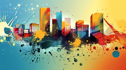 Abstract city skyline with colorful paint splashes.