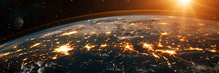 A view of the Earth at night with the sun shining on it - obrazy, fototapety, plakaty