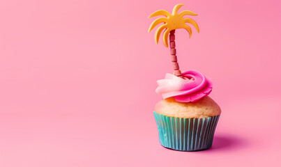 cupcake with pink frosting and golden palm tree