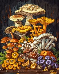 Mushroom Delight A cartoon drawing of a variety of mushrooms, such as chanterelles and oyster mushrooms, arranged on a wooden table, ready to be used in cooking, in a whimsical and artistic style 8K , - obrazy, fototapety, plakaty