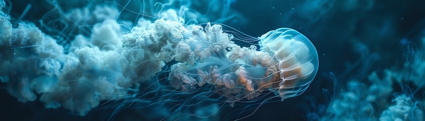 A 3D model of a jellyfish in the deep sea, surrounded by the mysterious, dark waters of the ocean abyss