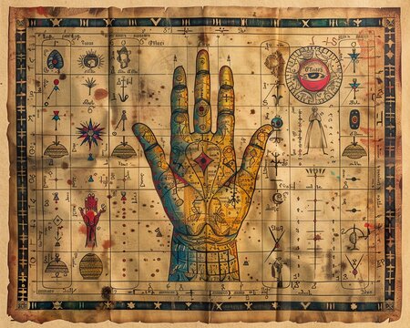 Palmistry Chart An artistic depiction of a vintage palmistry chart used by fortune tellers to interpret the lines and shapes of the hand 8K , high-resolution, ultra HD,up32K HD