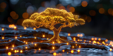 A tree with glowing lights is the main focus of the image - obrazy, fototapety, plakaty